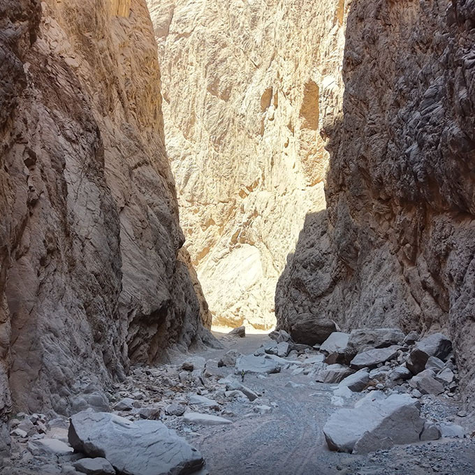 Drone photography of the narrow granite passage in Wadi Tayyib al Ism, Saudi Arabia